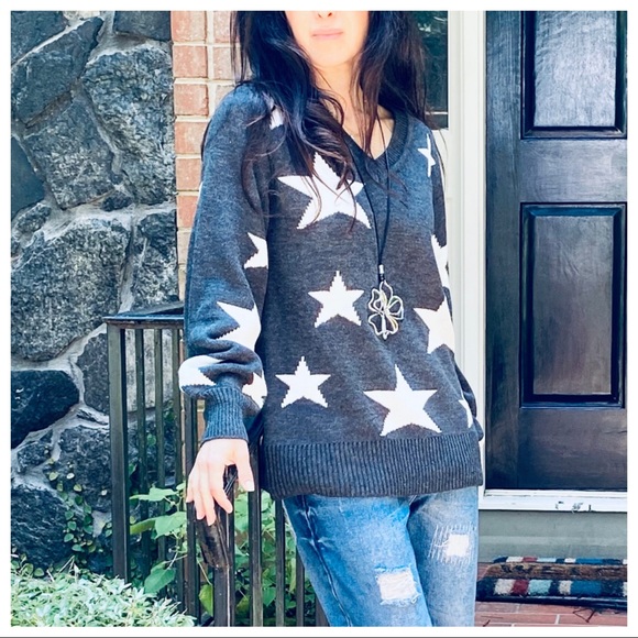 FALL MUST HAVE CHARCOAL GREY V NECK STAR SWEATER - Picture 9 of 9